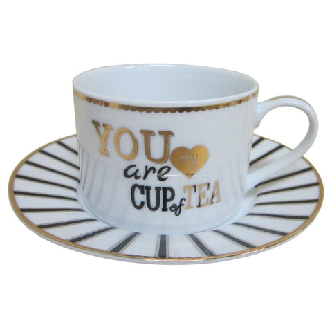 You Are My Cup of Tea Gold & Black Porcelain Teacups and Saucers Set of 4