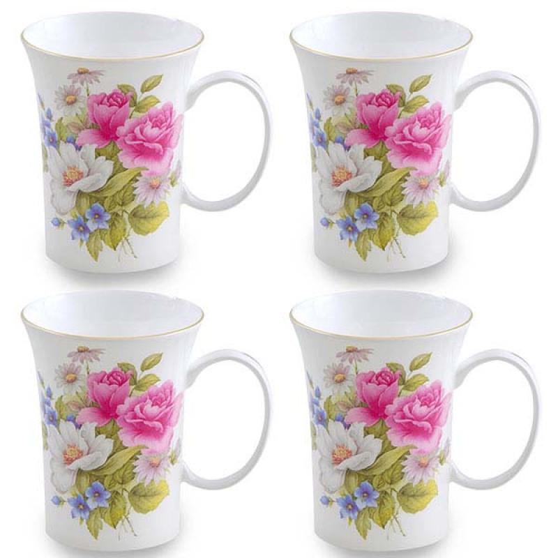Set of 4 Gracie's Rose Bone China Mugs-Roses And Teacups