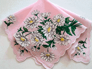 White Shasta Daisies Vintage Style Cotton Hankie - Roses And Teacups 