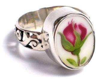 Broken China Jewelry Rings Sterling with Inset China Choose your Size