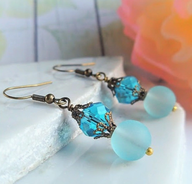 Aqua Blue Sea Glass and Crystal Earrings-Roses And Teacups