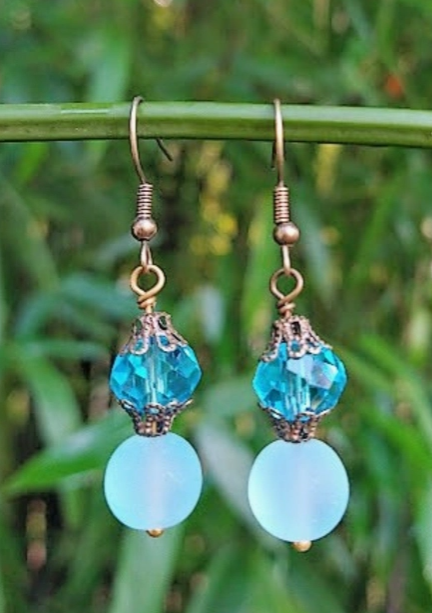 Aqua Blue Sea Glass and Crystal Earrings-Roses And Teacups