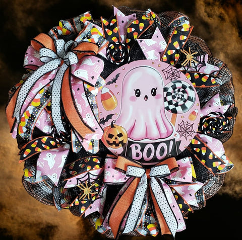 Boo Baby Pink Ghost Halloween Door Wreath-Roses And Teacups