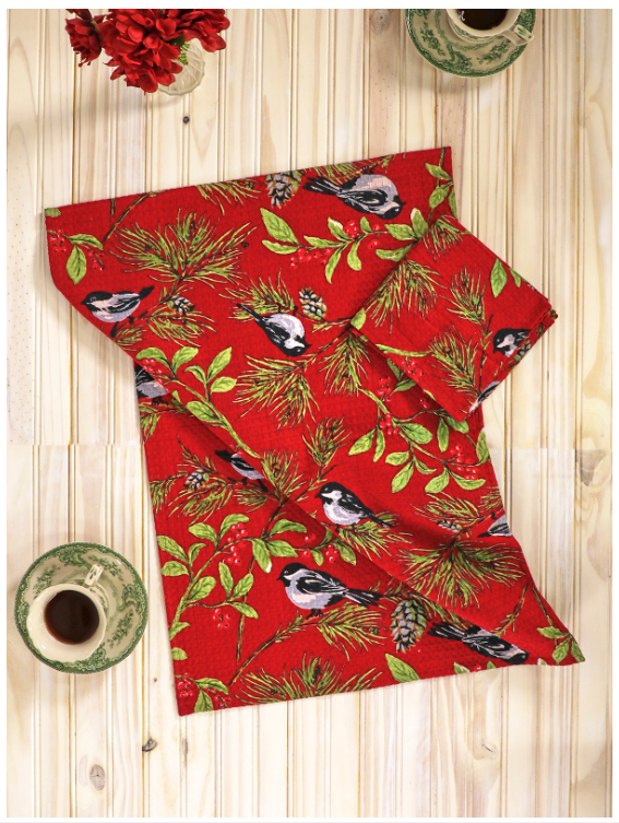 Chickadee Red Holiday Tea Towels Set of 2-Roses And Teacups