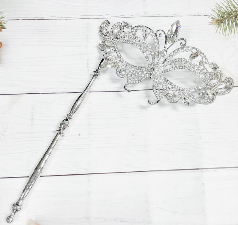 Clear Crystal Masquerade Mask with Stick - Elegant Silver Mask-Roses And Teacups