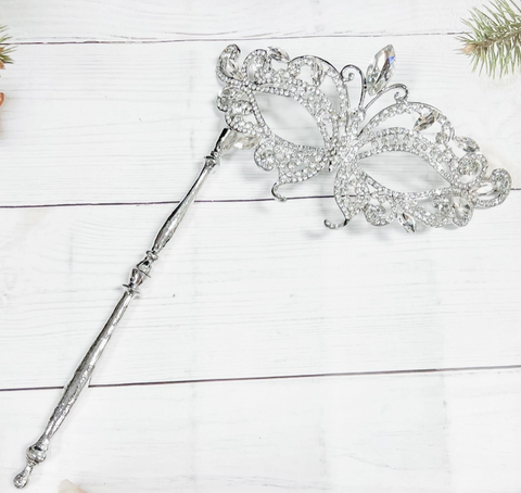 Clear Crystal Masquerade Mask with Stick - Elegant Silver Mask-Roses And Teacups