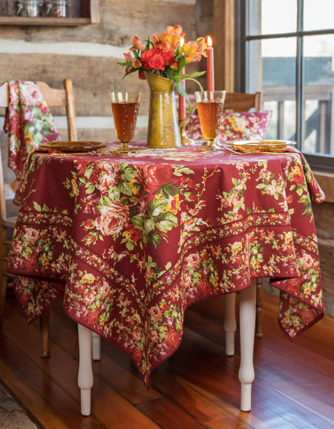 Cottage Rose in Autumn Square or Rectangular Tablecloth-Roses And Teacups