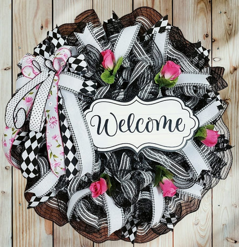 Elegant Black and White Welcome Door Wreath with Pretty Roses - One of a Kind!-Roses And Teacups