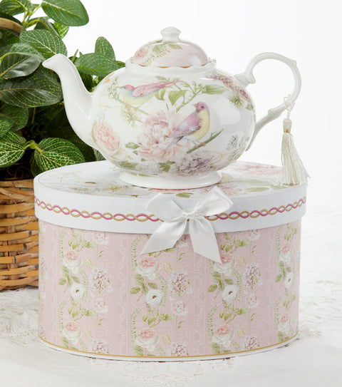 English Rose Birds and Hydrangeas Porcelain Teapot in Gift Box-Roses And Teacups