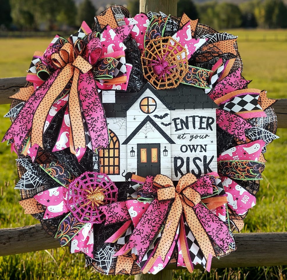 Enter At Your Own Risk Black Cat Bat Spiders Door Wreath-Roses And Teacups