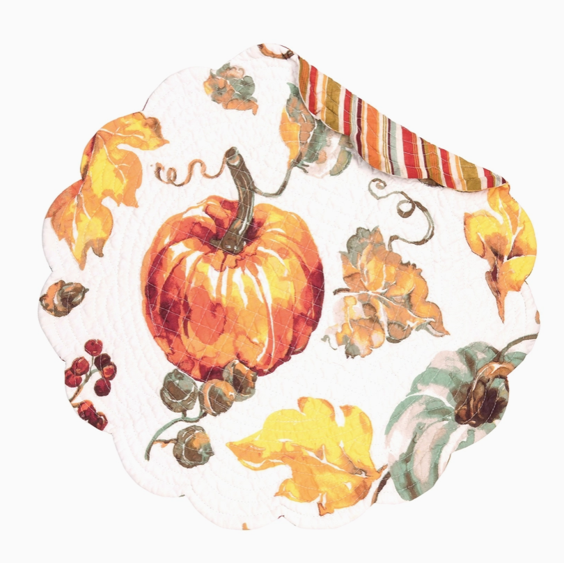 Fall Harvest Watercolor Pumpkin Round Placemat Set of 4-Roses And Teacups