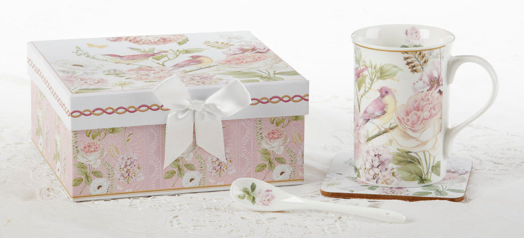 Gift Boxed English Rose Birds and Hydrangea Porcelain Mug Spoon and Coaster Set - Limited!