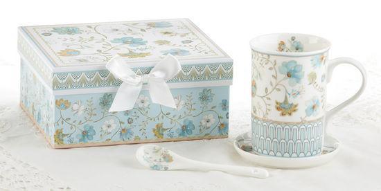 Gift Boxed Porcelain Blue Romance Mug Set Includes Spoon and Coaster-Roses And Teacups
