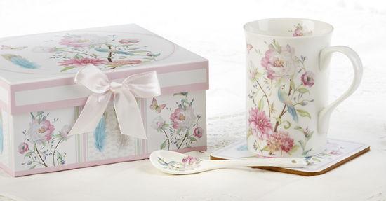 Gift Boxed Porcelain Mug Set Feather and Floral Includes Spoon and Coaster-Roses And Teacups