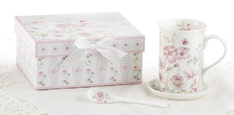 Gift Boxed Porcelain Poppyseed Mug Set Includes Spoon and Coaster-Roses And Teacups