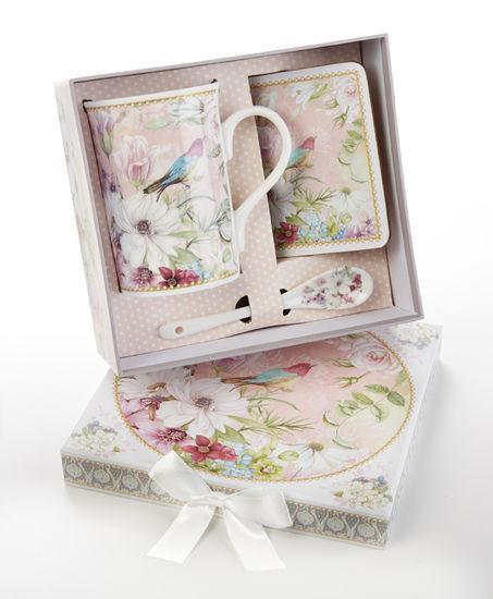 Gift Boxed Porcelain Spring Bird of Paradise Mug Set Includes Spoon and Coaster-Roses And Teacups
