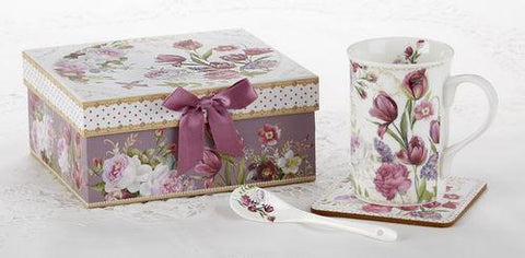 Gift Boxed Porcelain Tulip Mug Set include Spoon and Coaster-Roses And Teacups