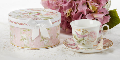 Gift Boxed Teacup and Saucer - English Rose Birds and Hydrangea - Limited!