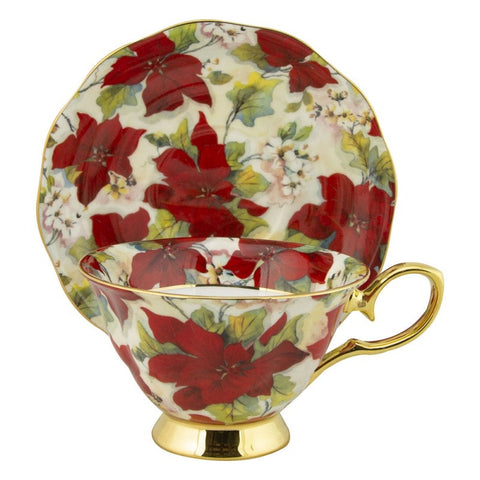 Gold Poinsettia Fine Bone China Teacups Tea Cup with Saucer