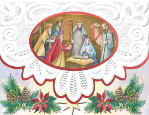 Jesus in the Manger with Wise Men Scene Carol Wilson Note Card Christmas Holiday Portfolio-Roses And Teacups