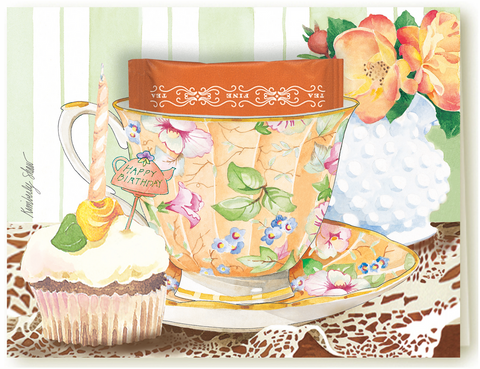 Kimberly Shaw Birthday Cake Tea Themed Stationery Greeting Card Tea Included-Roses And Teacups