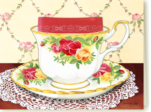 Kimberly Shaw Country Rose Tea Themed Stationery Greeting Card Tea Included-Roses And Teacups