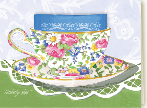Kimberly Shaw Summertime Chintz Tea Themed Stationery Greeting Card Tea Included-Roses And Teacups
