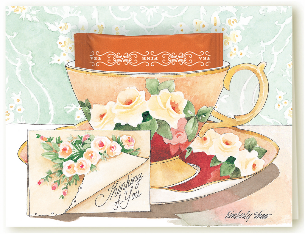 Kimberly Shaw Thinking of You Roses Tea Themed Stationery Greeting Card Tea Included-Roses And Teacups