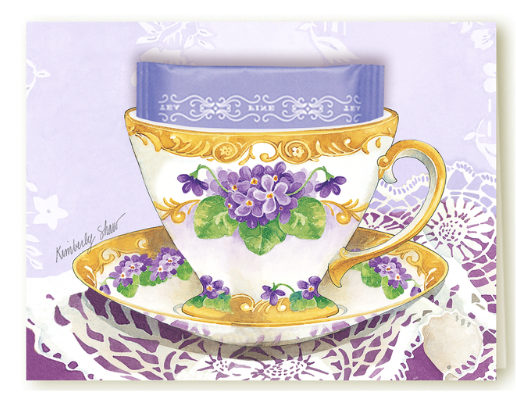 Kimberly Shaw Violet Tea Card Tea Themed Stationery Greeting Card Tea Included Blank Inside-Roses And Teacups