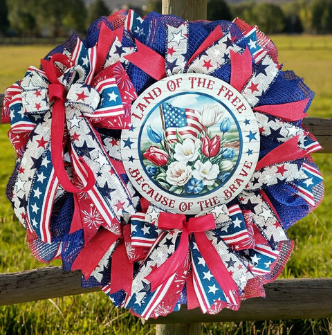 Land of the Free Because of the Brave Door Wreath - One of a Kind!-Roses And Teacups
