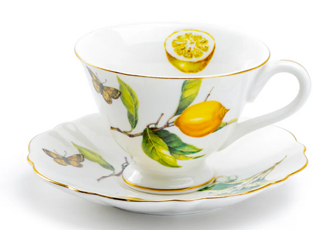 Lemon Slice Butterfly Fine Porcelain Teacups Tea Cups and Saucers - Set of 4-Roses And Teacups