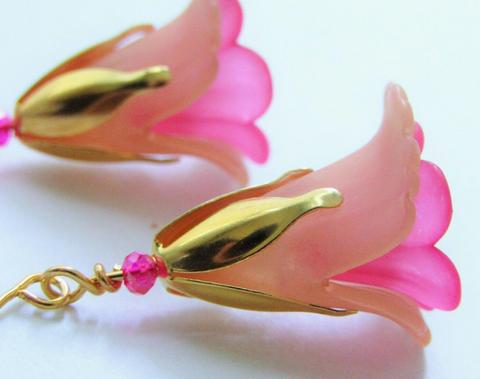 Lucite Pink Tulip Calla Lily Gold Dangle Earrings-Roses And Teacups