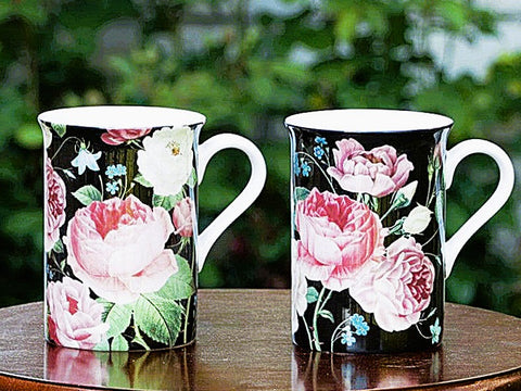 🖤 Midnight Victorian Rose Bone China Mugs – Set of 4 🌹-Roses And Teacups