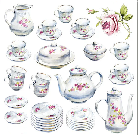 Miniature Tea Set with Pink Roses 2 Sheet of Stickers-Roses And Teacups
