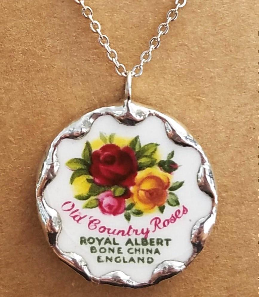 Old Country Roses Back Stamp Broken China Round Pendant Necklace