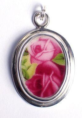 Old Country Roses Sterling Broken China Jewelry Oval Charm .5 x .75