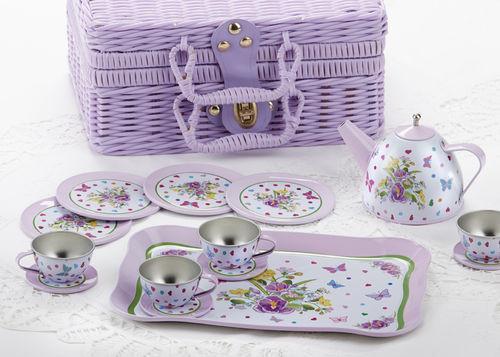 Pansies and Butterflies Childrens Tin Teaset FREE tea! Little Girls 15pc Tea Set in a Purple Wicker Style Basket-Roses And Teacups