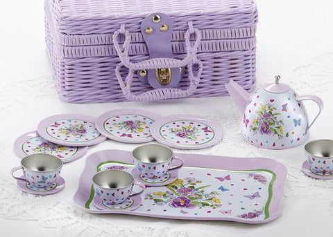 Pansies and Butterflies Childrens Tin Teaset FREE tea! Little Girls 15pc Tea Set in a Purple Wicker Style Basket Just 1 Left!