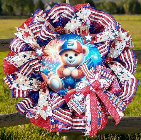 Patriotic Teddy Bear - God Bless the USA Door Wreath - One of a Kind!-Roses And Teacups