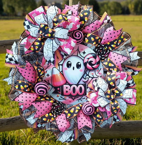 Pink Boo Halloween Ghost and Candy Corn Wreath-Roses And Teacups