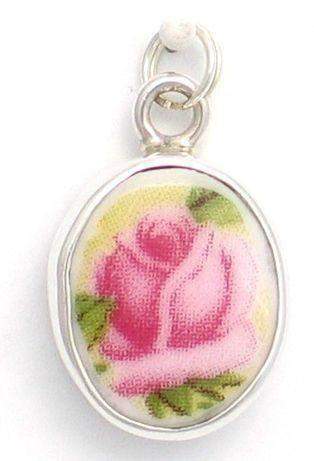 Pink Rose Sterling and Broken China Charm .75 x 1.25