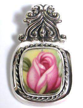 Pink Rose Sterling and Broken China Pendant .75 x 1.25