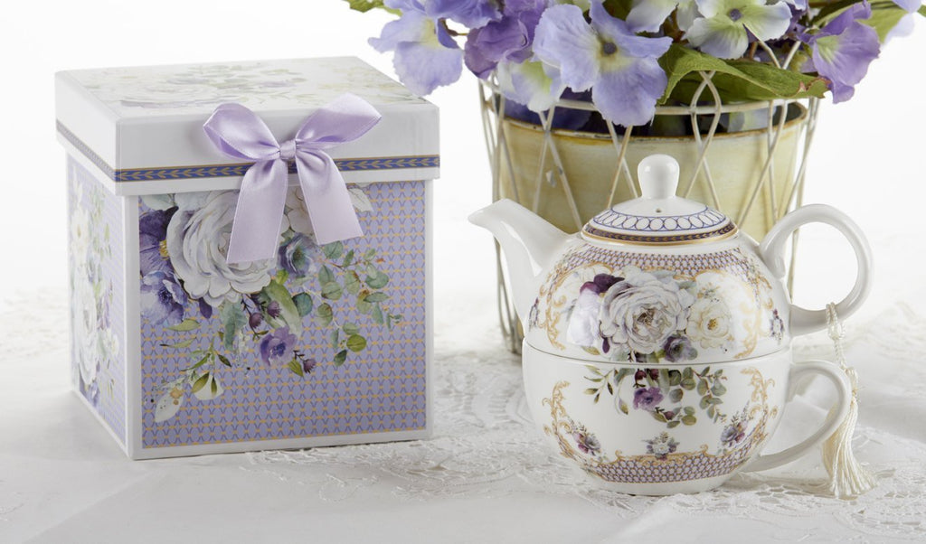 Porcelain Tea for One Gift Box - Purple Rose Elegance