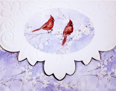Red Cardinals On Blue Carol Wilson Note Card Christmas Holiday Portfolio-Roses And Teacups