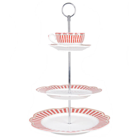 Red Josephine Fine Porcelain Teacup 3 Tier Dessert Cake Stand-Roses And Teacups