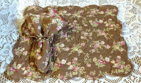 Roses on Brown Quilted Placemats and Matching Napkins Set of 4