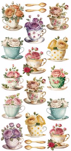Rosie Teatime Colorful Stickers-Roses And Teacups