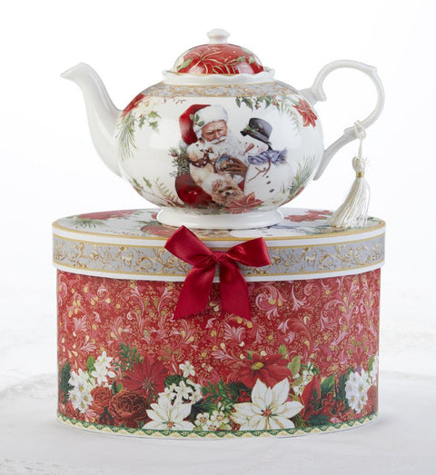 Santa with Snow Globe Holiday Christmas Porcelain Teapot-Roses And Teacups