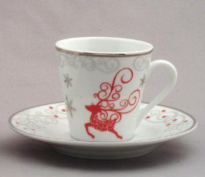 Set of 4 Reindeer 3 oz Demi Porcelain Teacups and Saucers