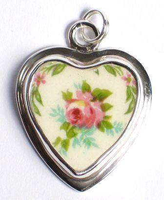 Single Rose Sterling and Broken China Charm .65 x 1.25